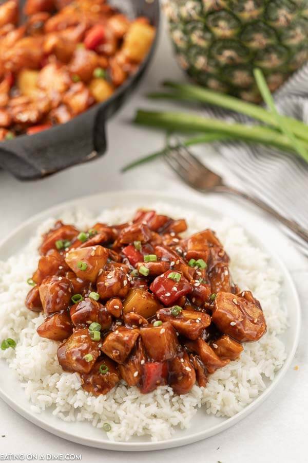 Pineapple chicken over rice. 