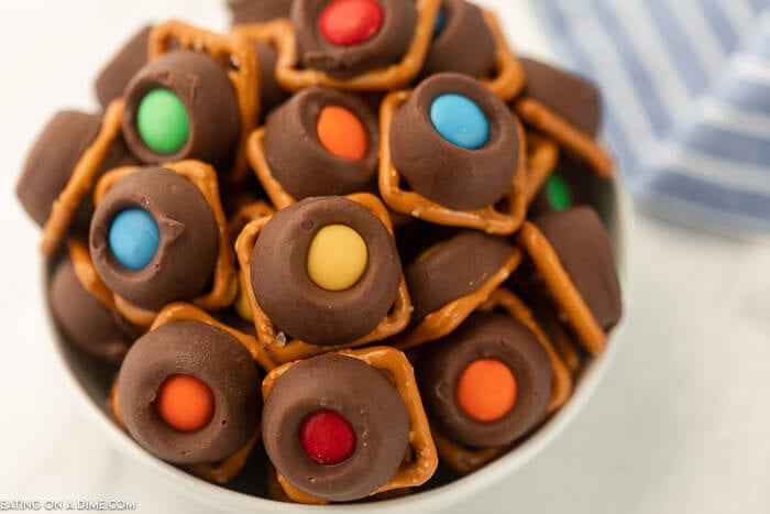 Close up image of Rolo Pretzel Bites in a bowl. 