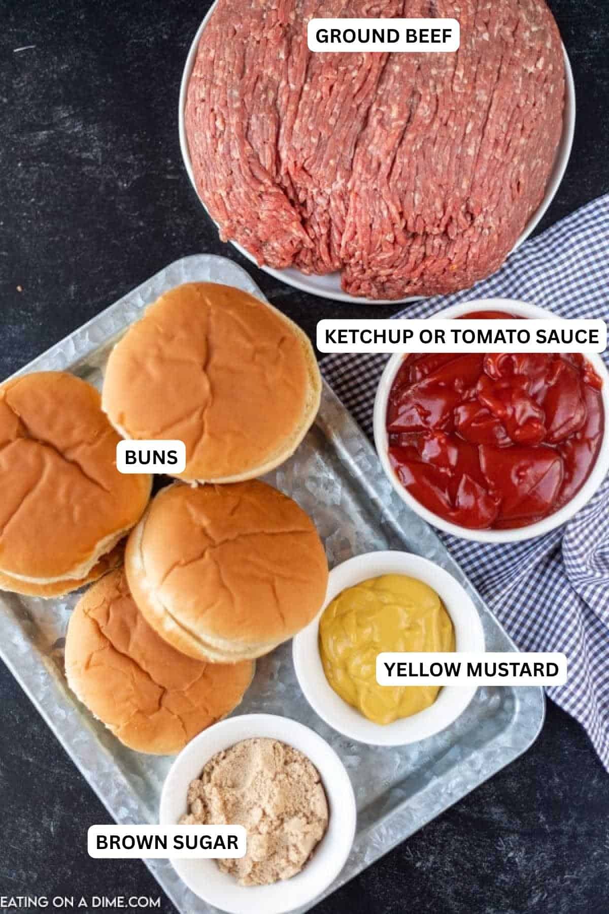 This easy Sloppy Joes recipe is easy to make and taste better than sloppy joes in a can. How to make sloppy joes with ketchup and just two more ingredients. Ingredients - ground beef, ketchup or tomato sauce, buns, mustard and brown sugar.