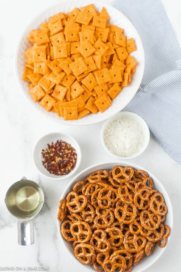 Close up image of ingredients to make spicy cheez it. 