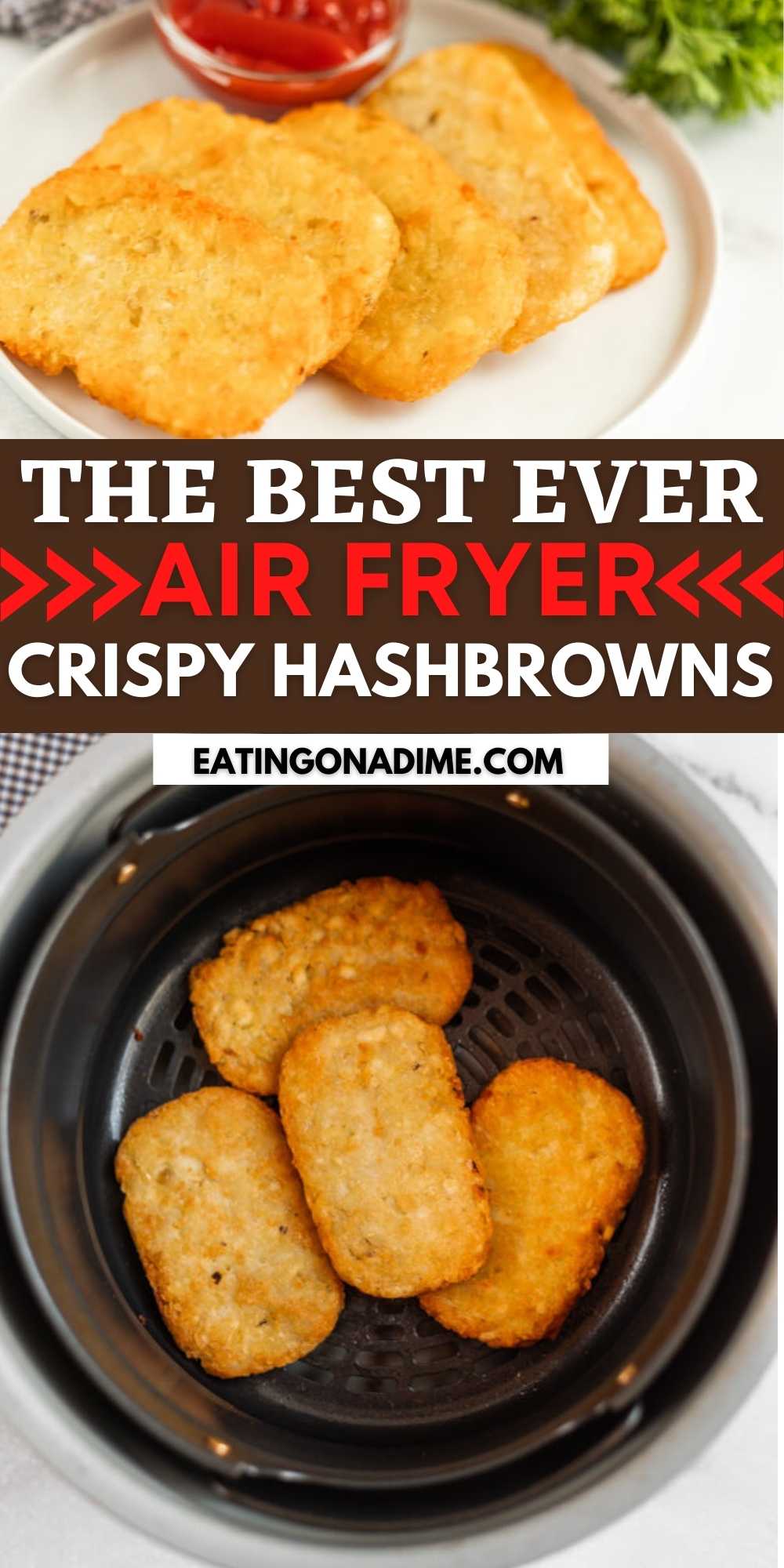 Crispy and delicious air fryer hashbrowns recipe is the perfect side to pair with breakfast. Enjoy patty hashbrowns in the air fryer in minutes from frozen.  These taste just like the ones from a restaurant!  #eatingonadime #airfryerrecipes #hashbrownsrecipes #breakfastrecipes 
