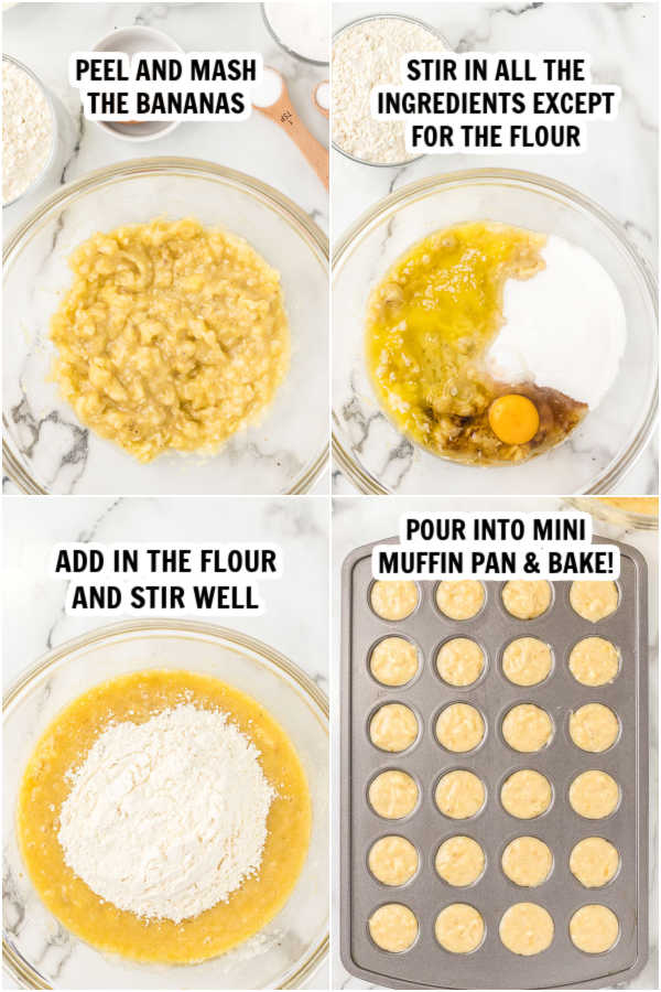 Photos showing how to make these mini banana muffins 