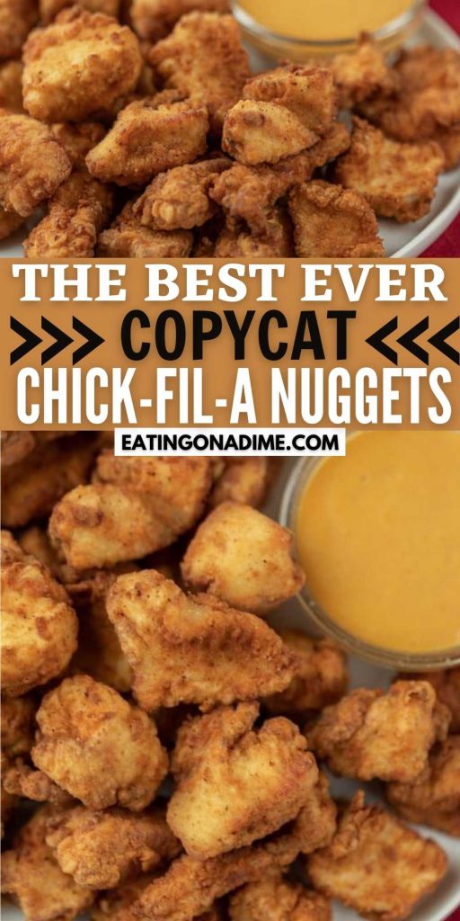 Get to enjoy Chick-Fil-A any day of the week (even Sunday) with this copycat Chick-Fil-A Chicken Nuggets recipe! You will love this easy copycat chicken nuggets recipe that is easier to make than you think.  #eatingonadime #copycatrecipes #chickfilarecipes #chickensandwiches 
