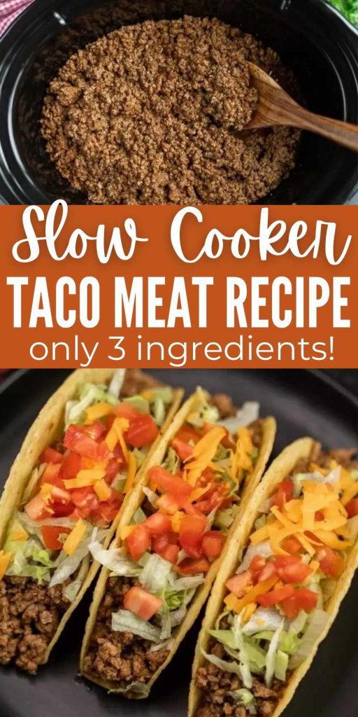 Learn how to make Crockpot Taco Meat Recipe with ground beef for the best taco meat packed with flavor. Get dinner on the table quickly when you make taco meat in crock pot. Slow Cooker taco meat is the easier way to make tacos and is delicious too!  #eatingonadime #crockpotrecipes #slowcookerrecipes #tacos
