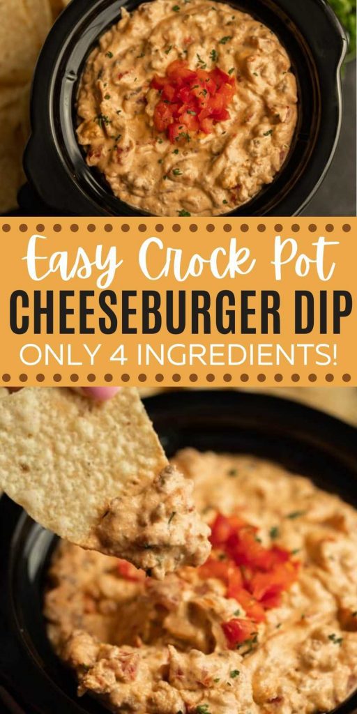 Crock Pot Cheeseburger Dip combines the best of your favorite game day foods: beef, cream cheese, Rotel and cheese! This slow cooker cheeseburger chip dip is easy to make with only 4 ingredients and everyone loves this easy warm dip recipe.  #eatingonadime #appetizerrecipes #diprecipes #crockpotrecipes 
