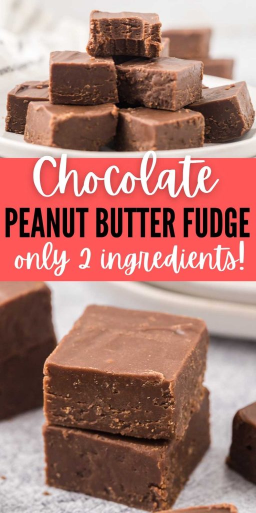You have to try this super easy 2 ingredient Chocolate Peanut Butter Fudge Recipe. It is probably the easiest and most delicious Peanut Butter Fudge with chocolate you will try. This peanut butter and chocolate fudge recipe is easy to make and perfect for the holidays! #eatingonadime #fudgerecipes #peanutbutterrecipes #chocolaterecipes #holidayrecipes 
