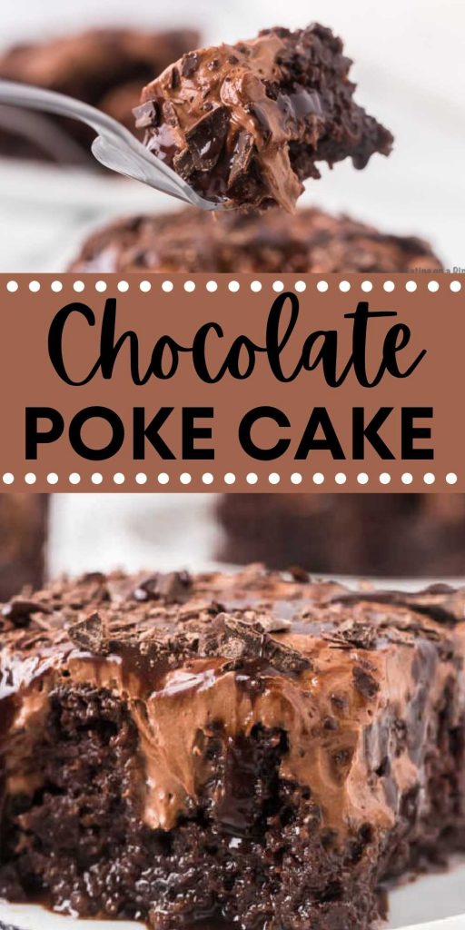 This is the best and easy chocolate poke cake recipe made with a cake mix, chocolate sauce and sweetened condensed milk.  This poke cake recipe is easy to make and delicious too!  You’ll love this amazing chocolate poke cake! #eatingaondime #cakerecipes #pokecakerecipes #chocolaterecipes 
