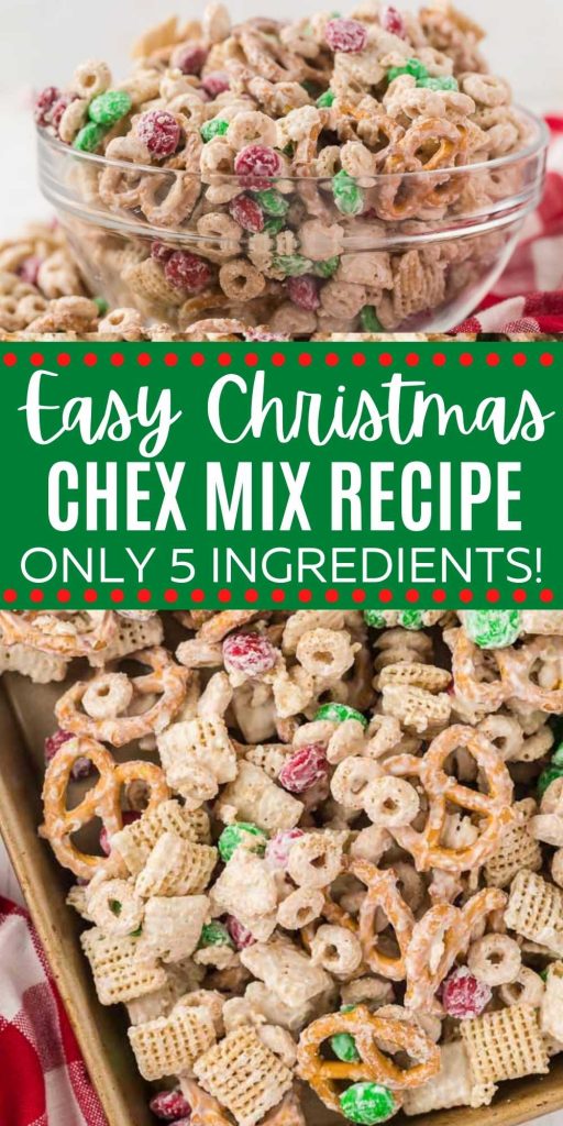 This Christmas Chex Mix is made with white chocolate, cereal, pretzels, and M&Ms.  This fun sweet and salty snack is made in under 5 minutes and is the perfect easy holiday treat.  This Chex mix is easy to make and a crowd pleaser too.  #eatingonadime #christmasrecipes #holidayrecipes #chexmix 

