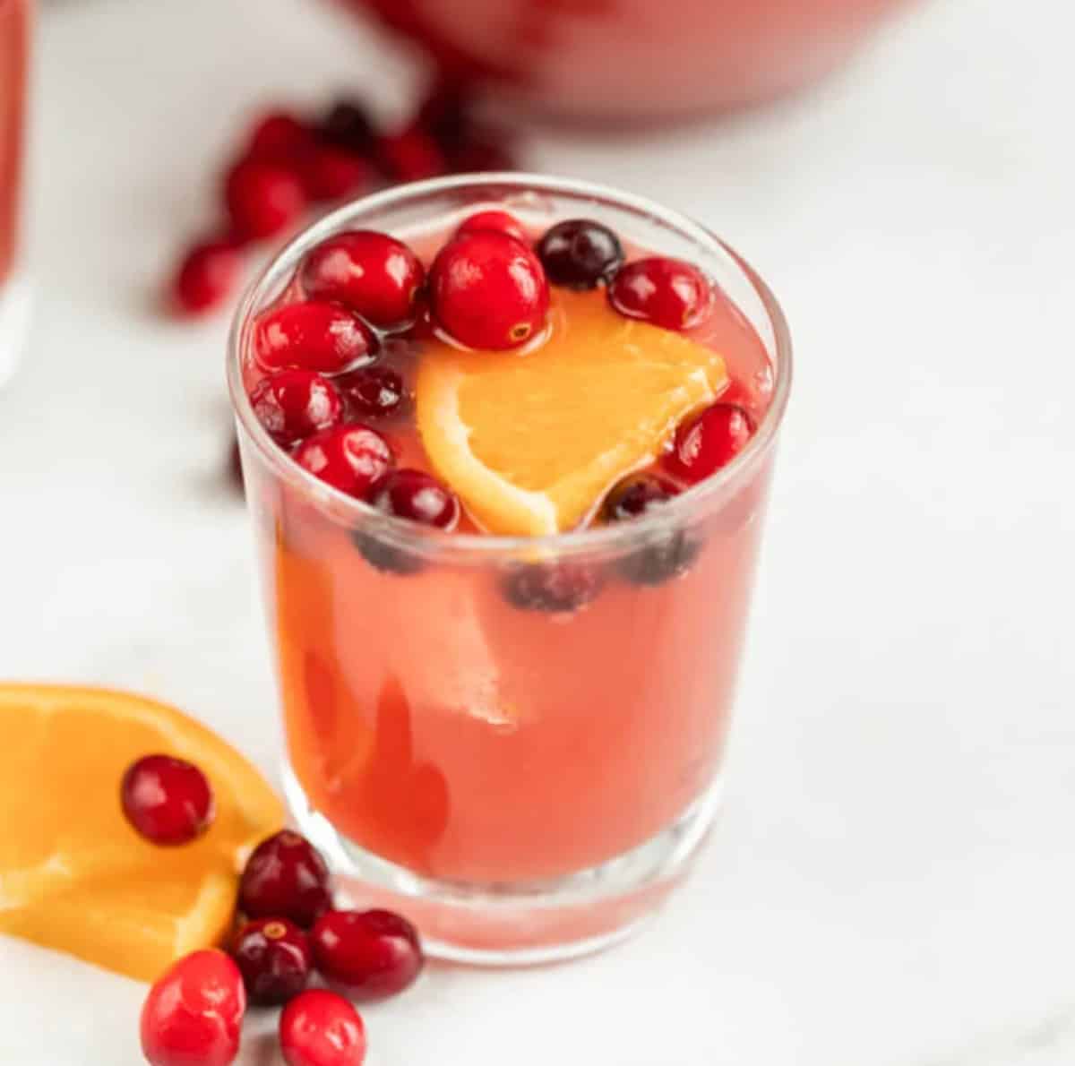 A small glass of pink punch topped with cranberries and orange slices.