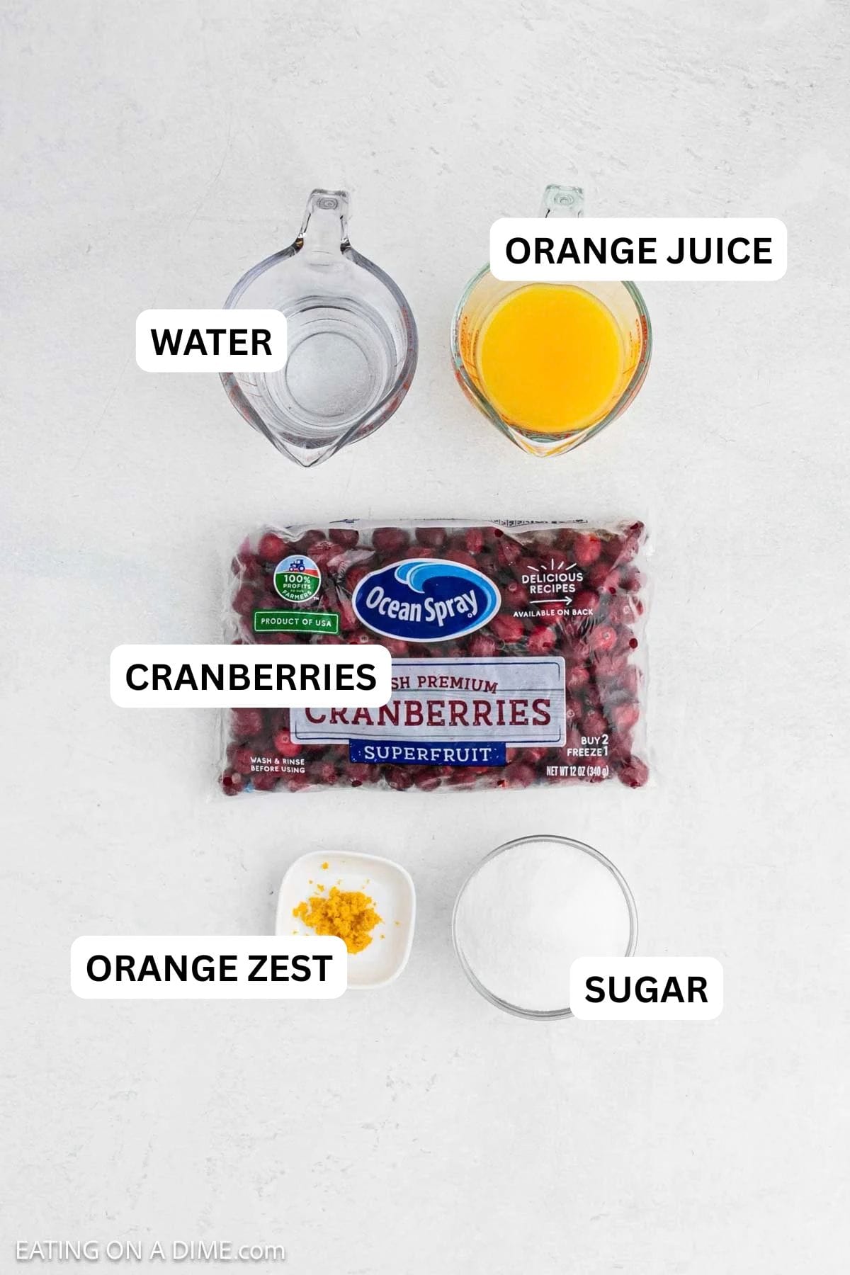Ingredients needed for this recipe includes cranberries, sugar, orange juice, orange zest and water.