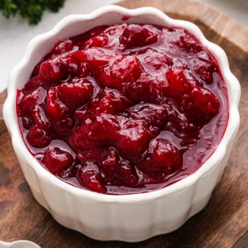 Cranberry sauce in a white bowl.