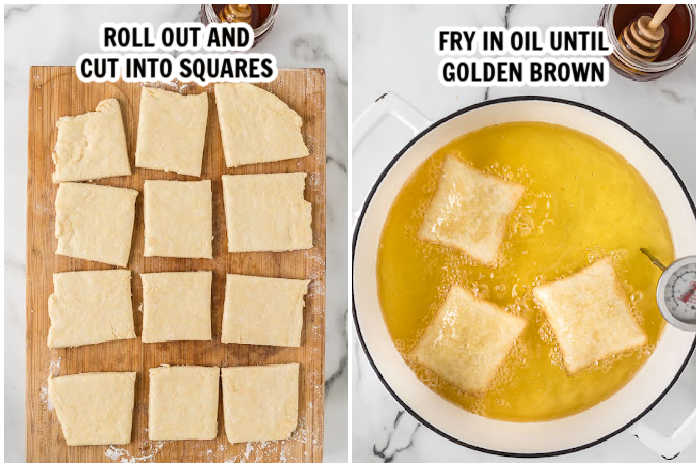 Close up image of cutting the dough in squares and dipping in the hot oil. 