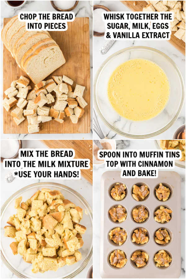 The process of preparing the french toast muffins. 