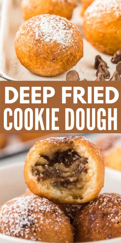 Deep Fried Cookie Dough made with homemade easy chocolate chip cookie dough, dipped in pancake batter, and fried! This easy recipe that tastes just like the fair food dessert - topped with powdered sugar! You will love these simple fried cookie dough balls.  #eatingonadime #fairfood #frieddesserts #cookiedoughrecipes 
