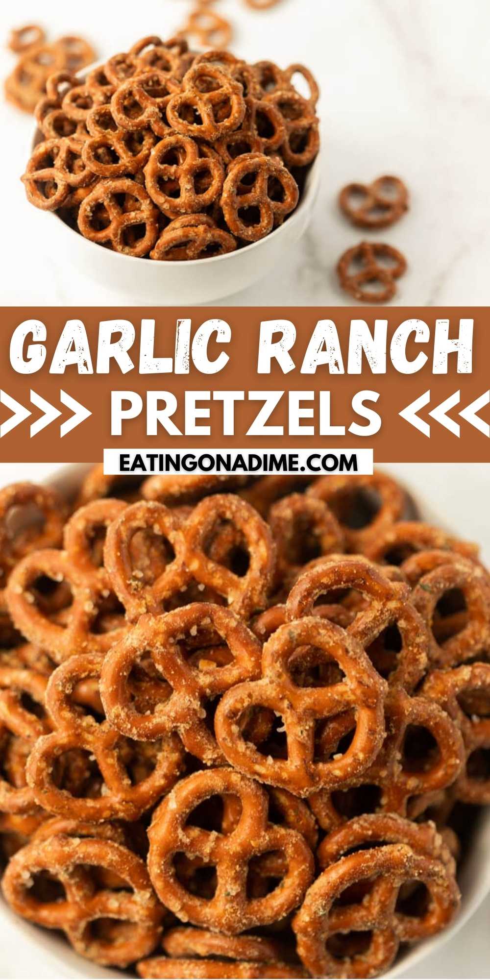 You'll love this Garlic Ranch Pretzel recipe. This quick recipe only requires 4 ingredients and is easy to make in oven. You can also make spicy ranch pretzels with this simple & easy recipe! This is the best appetizer recipe.  #eatingonadime #appetizerrecipes #pretzelrecipes #snackrecipes 
