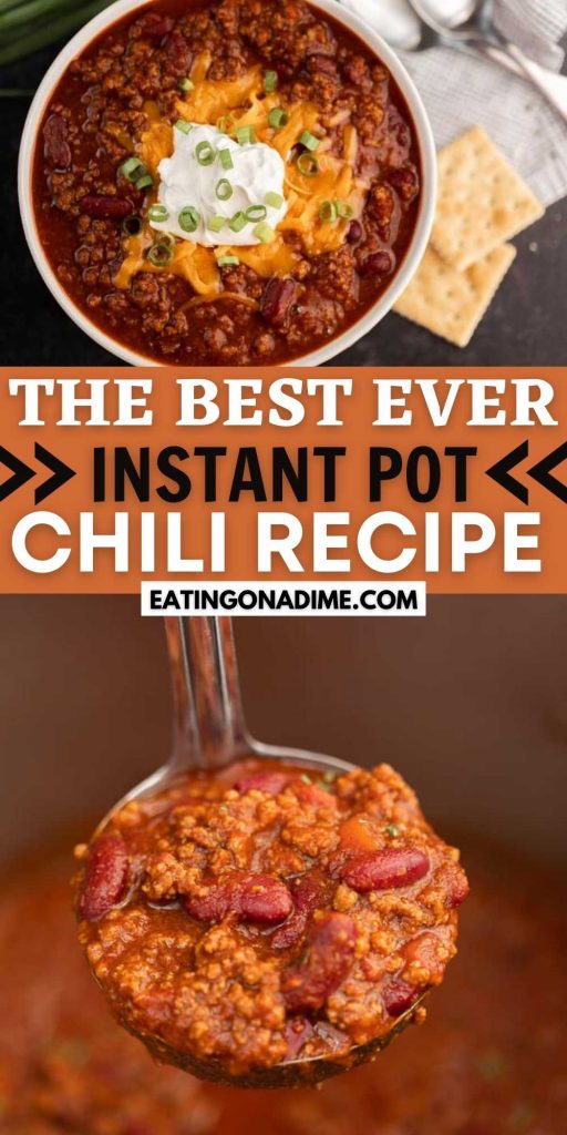 Instant pot chili recipe is so hearty and ready in less than 30 minutes prep included. It is the best comfort food and budget friendly. This easy Pressure Cooker Recipe with ground beef is easy to make and packed with tons of flavor too! #eatingonadime #chilirecipes #instantpotrecipes #comfortfoods 
