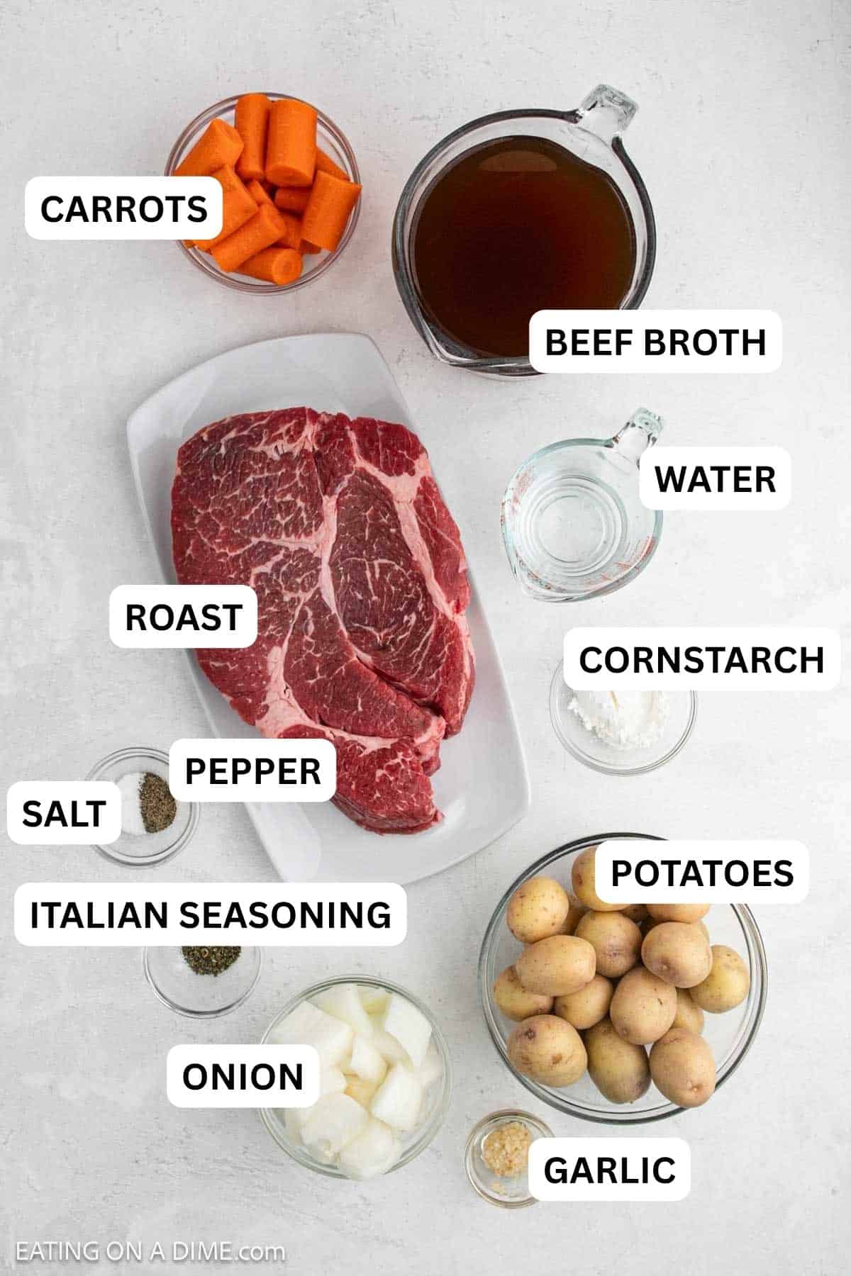 Ingredients needed for this recipe which includes roast, potatoes, carrots, onion, beef broth, garlic, and spices.