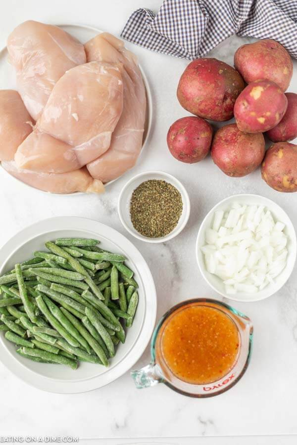 Ingredients - Chicken Breasts, Red Potatoes, Onion, Green Beans, Italian Salad Dressing, Italian Seasoning