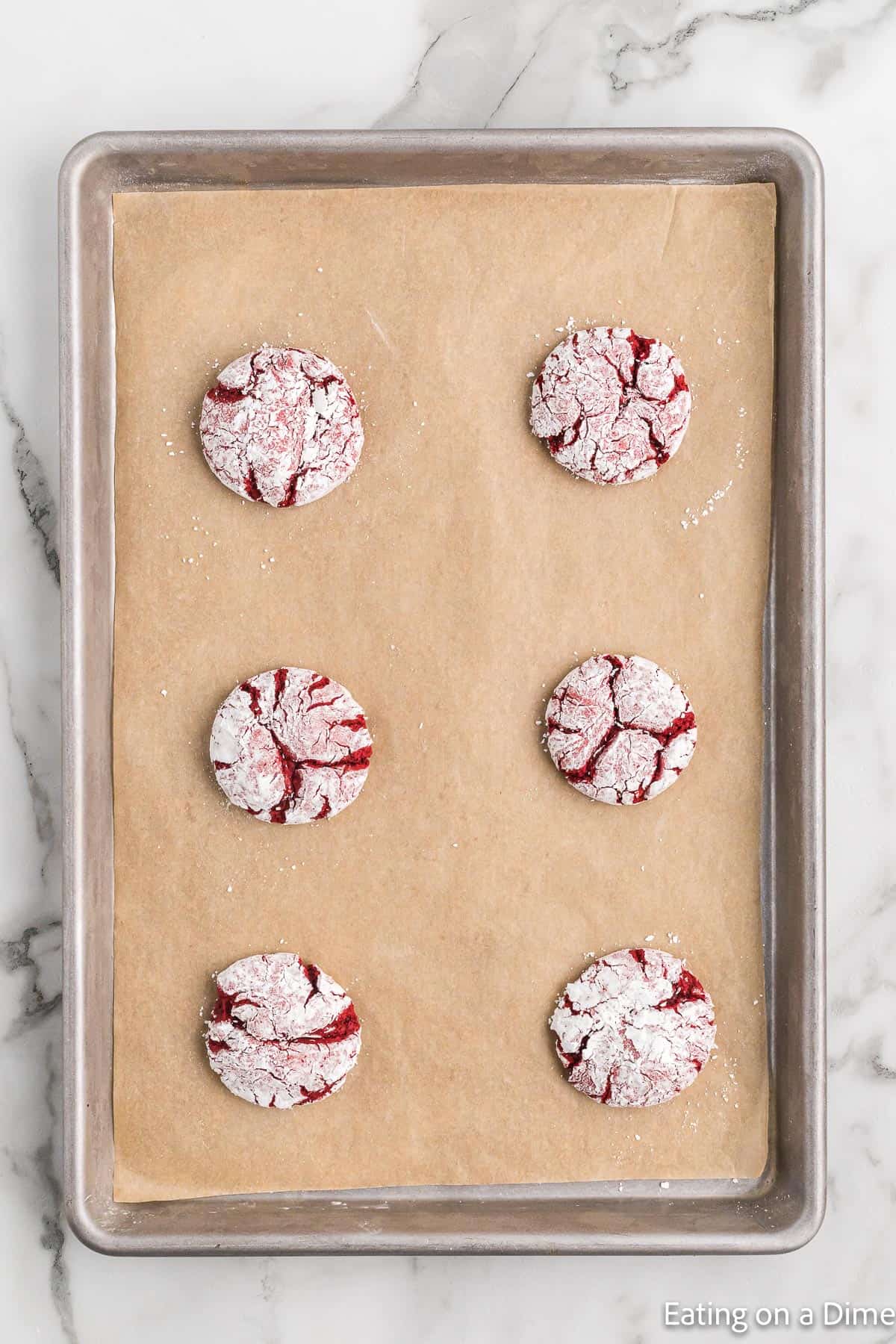 Red Velvet Cookie dough on baking sheet