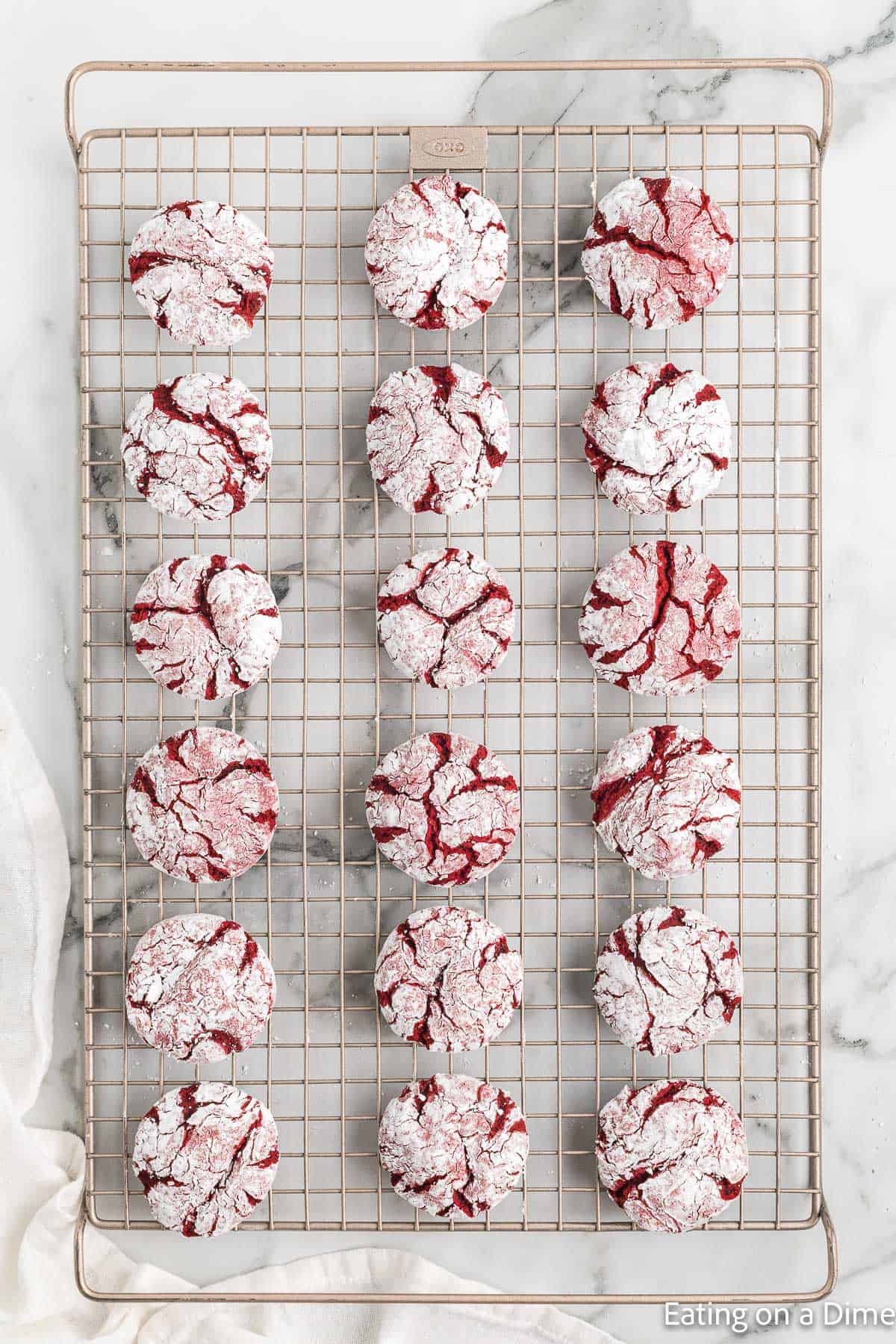 Cooling red velvet cookies on cool rack