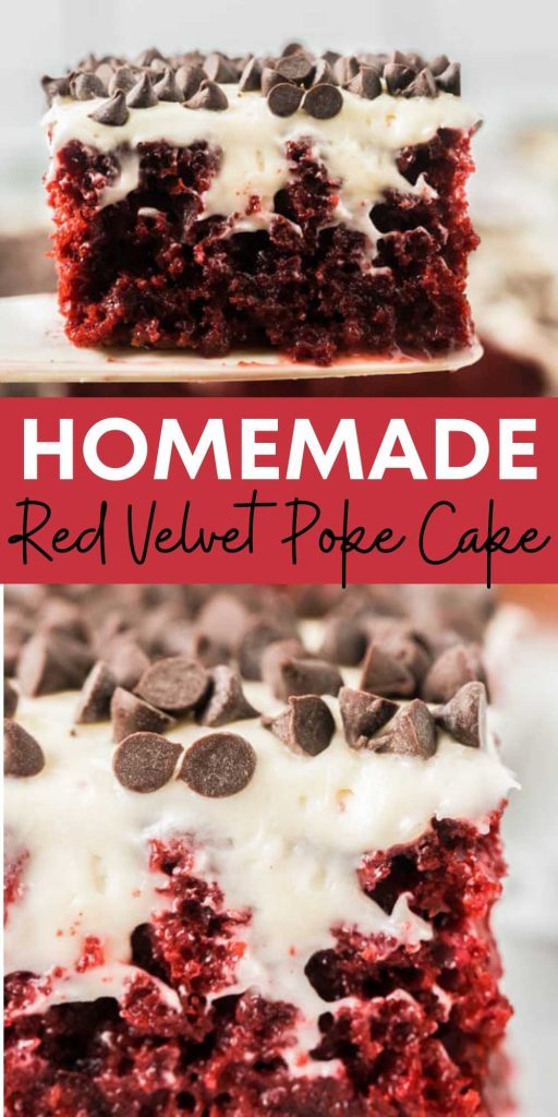 You are going to love this delicious red velvet poke cake recipe.  This poke cake recipe with condensed milk is super easy to make.  This recipe used a boxed cake mix so you know it’s simple but tastes just like homemade!  #eatingonadime #cakerecipes #redvelvetrecipes #pokecakerecipes 

