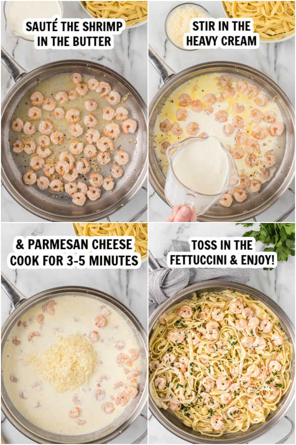 Close up image of the process of cooking shrimp alfredo. 