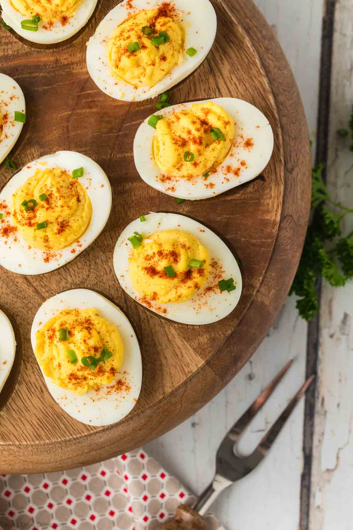Close up image of deviled eggs on a platter