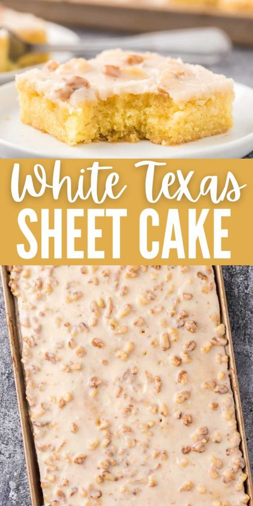 This white Texas sheet cake recipe is simple to make, moist and delicious too!  This easy sheet cake recipe is perfect for any occasion and to feed a crowd!  It’s packed with tons of flavor and the entire family will love it! #eatingonadime #sheetcakerecipes #cakerecipes #easydesserts 
