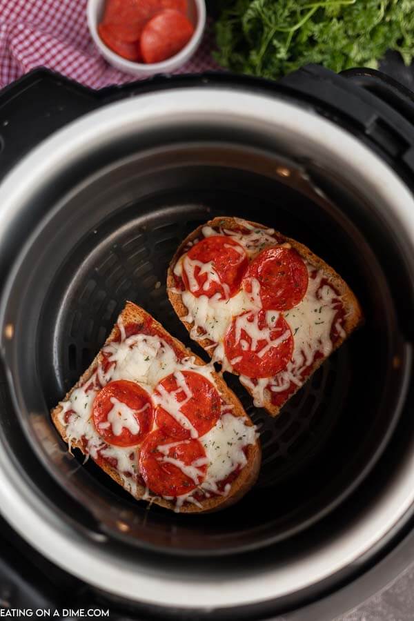 Close up image of French Bread Pizza in the Air Fryer. 