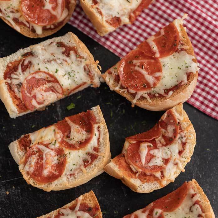 Close up image of French Bread Pizza sliced. 