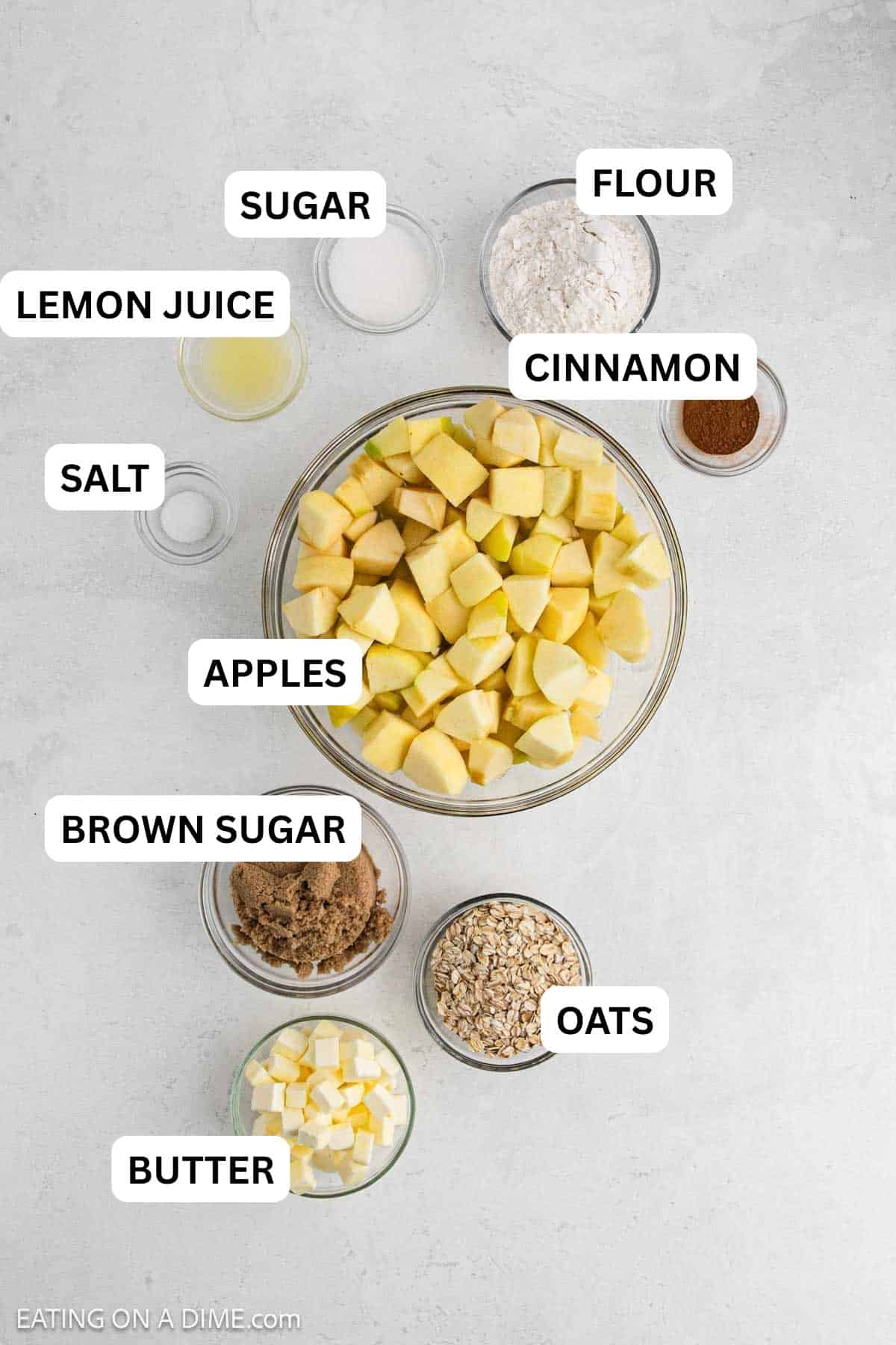Ingredients for recipe: apples, sugar, cinnamon, brown sugar, flour and butter. 