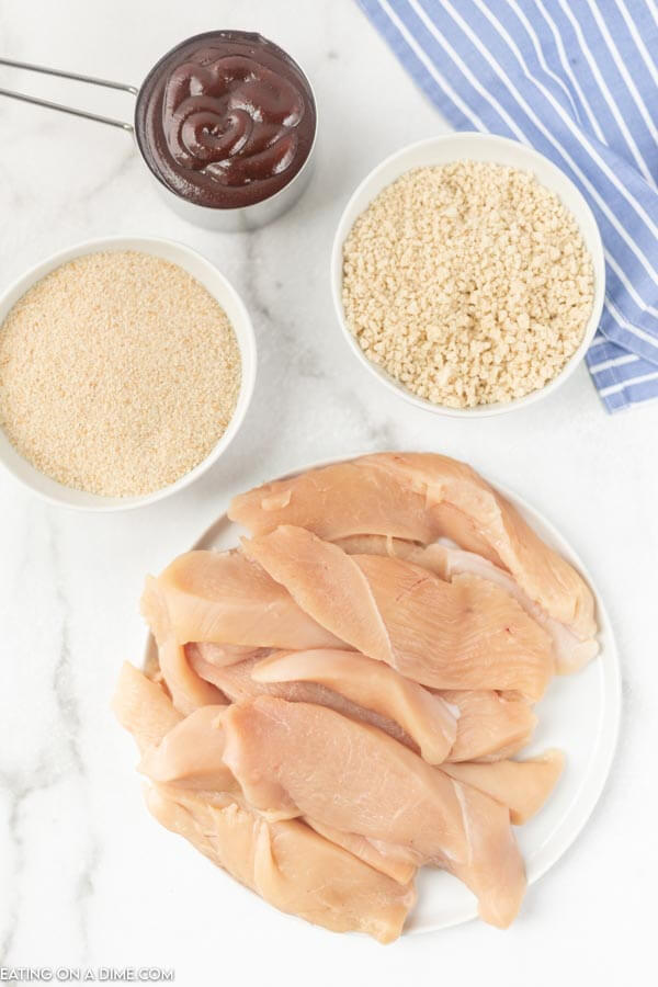 Ingredients to make this easy recipe: Chicken strips, bread crumbs, Panko bread crumbs and BBQ sauced 