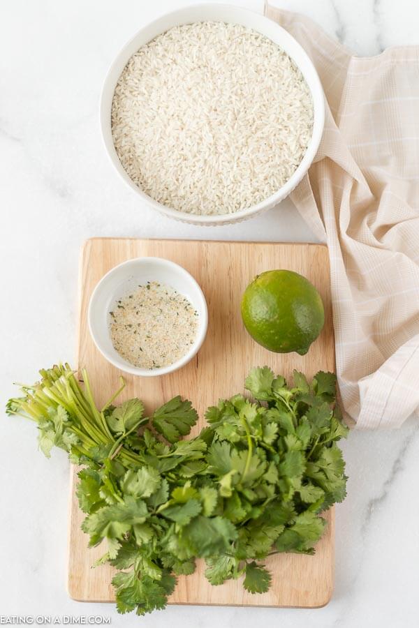Ingredients needed - Long Grain Rice, Water, Garlic Salt, Lime and Cilantro