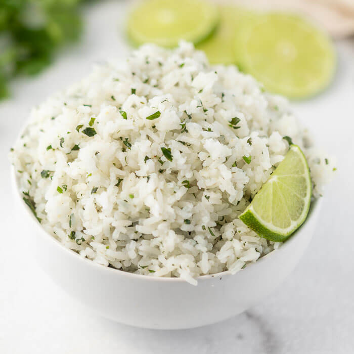 Close up image of Cilantro Lime Rice in a white bowl 