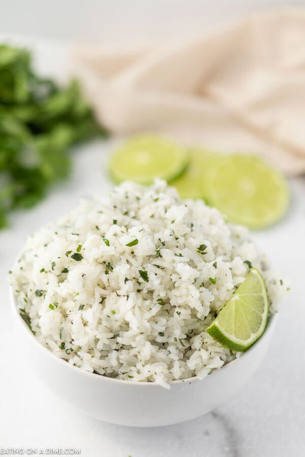 Close up image of Cilantro Lime Rice in a white bowl 