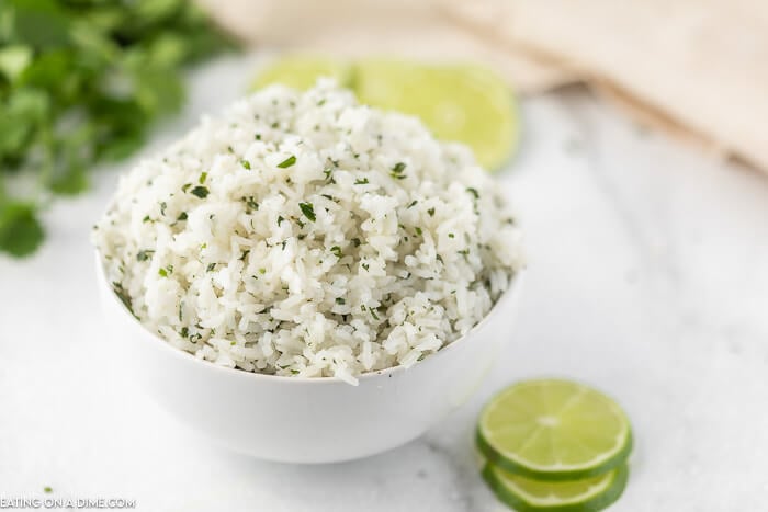 Close up image of Cilantro Lime Rice in a white bowl 