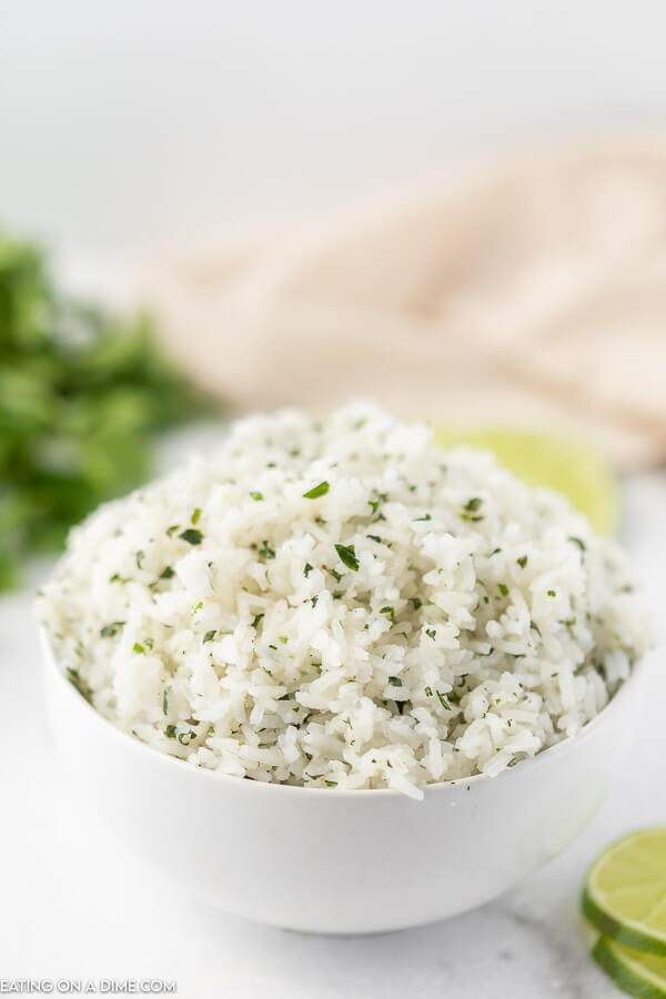 Close up image of Cilantro Lime Rice in a white bowl 