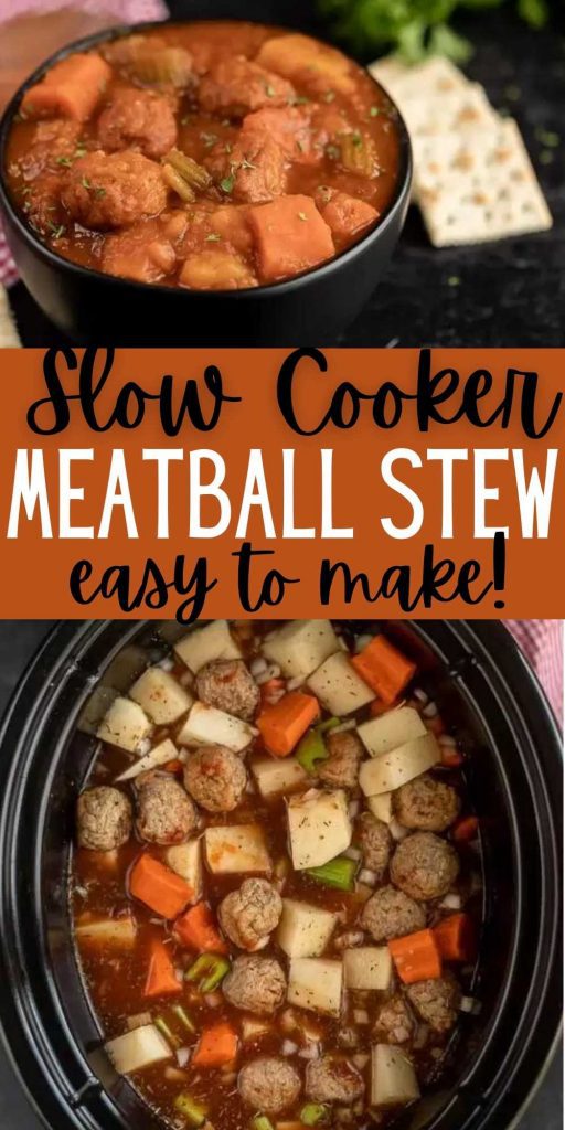 Crock Pot Meatball Stew Recipe is hearty and delicious. Throw everything in the slow cooker and dinner is a breeze with this hearty stew. The entire family will love this easy crockpot meatball stew recipe that is easy to make too! #eatingonadime #stewrecipes #crockpotrecipes #slowcookerrecipes 
