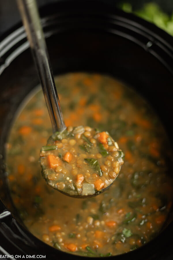 Ladle of soup over crock pot. 