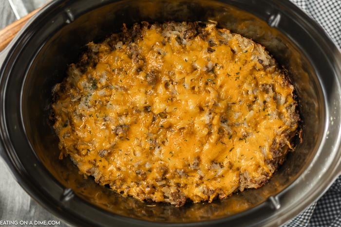 Close up image of Hamburger Casserole in the crock pot 