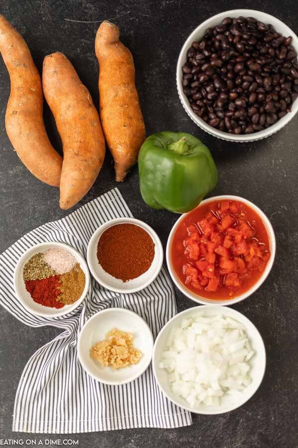 Close up image of ingredients for sweet potato black bean chili.