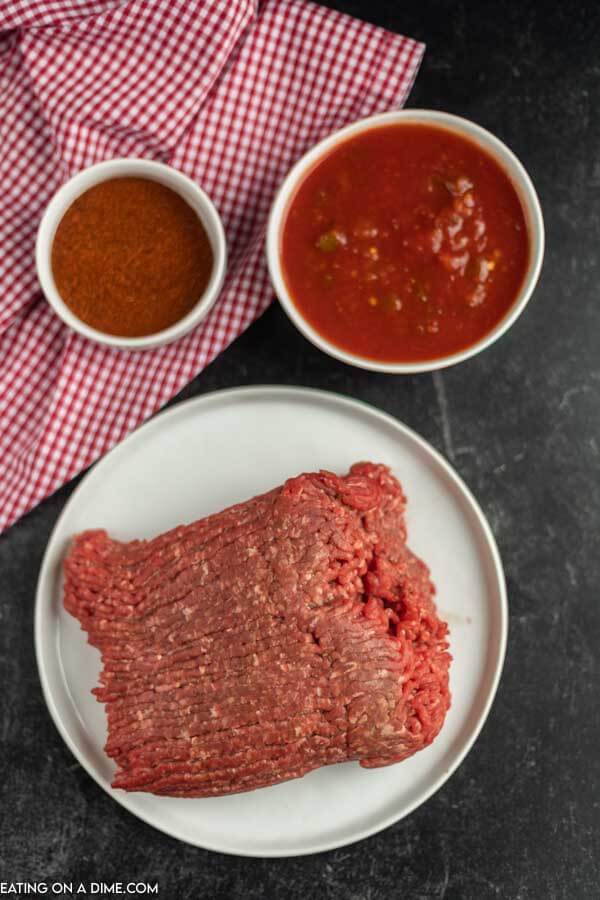 ingredients needed for taco meat - hamburger meat taco seasoning and salsa. 