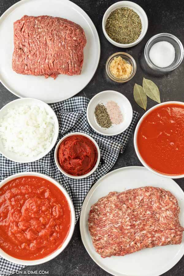 Ingredients for spaghetti sauce - ground beef, italian sausage, onion, minced garlic, crushed tomatoes, tomato sauce, tomato paste, italian seasoning, bay leaves sugar, salt and pepper
