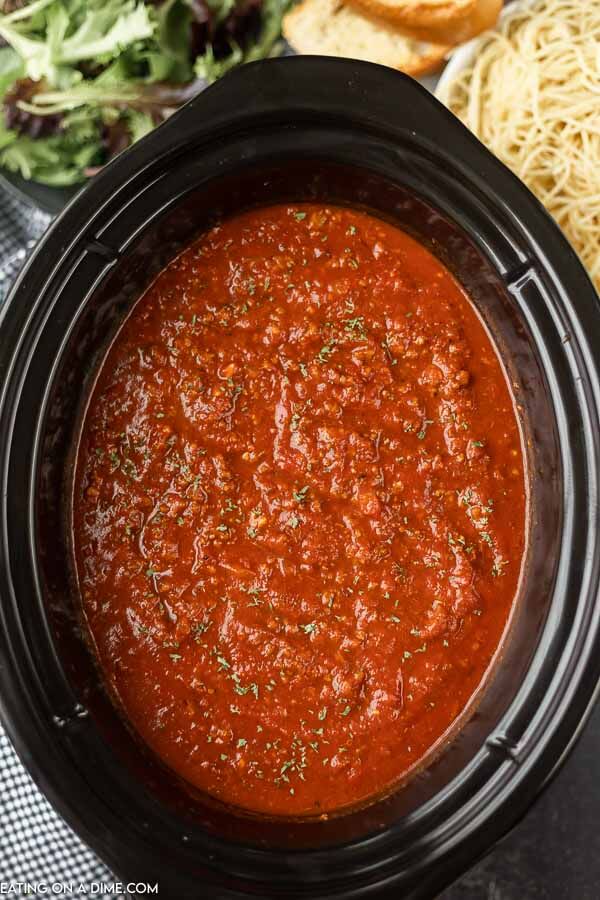 Close up image of spaghetti sauce in the crock pot. 