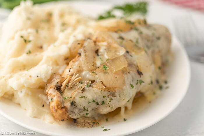 Close up image of french onion chicken on a white plate with mashed potatoes. 