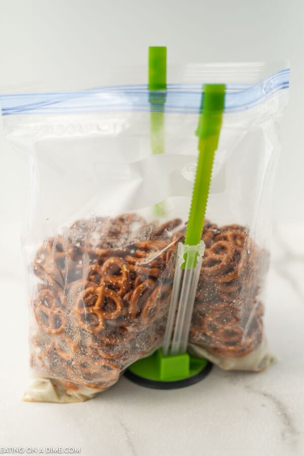 The pretzels, oil and seasonings in a large ziplock bag 