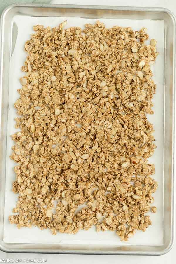 Close up image of the granola on the baking sheet. 
