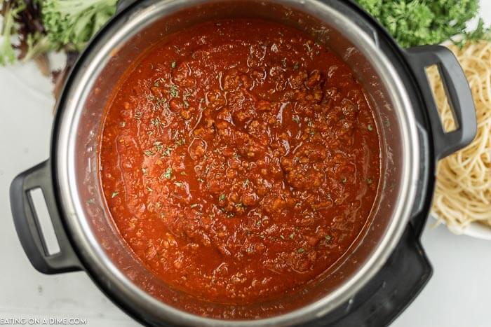 Close up image of spaghetti sauce in an instant pot. 