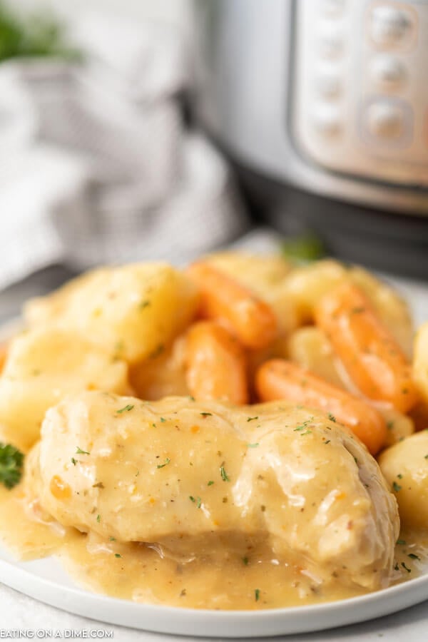 Close up image of creamy chicken ranch on a white plate with a side of potatoes and carrots.