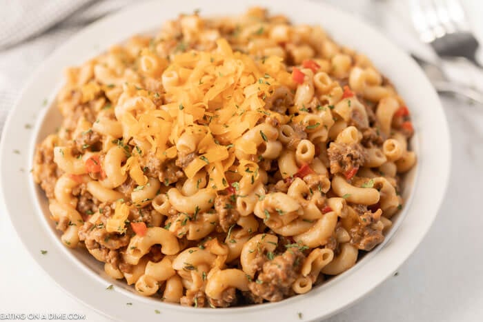 Bowl of instant pot hamburger helper.